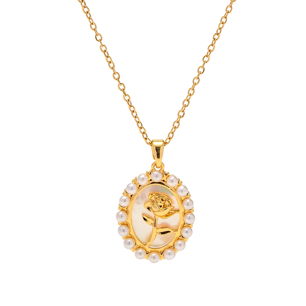 

New Arrival Stainless Steel Oval Enamel Rose Choker Gift Small Pearl Flower Pendant Necklace