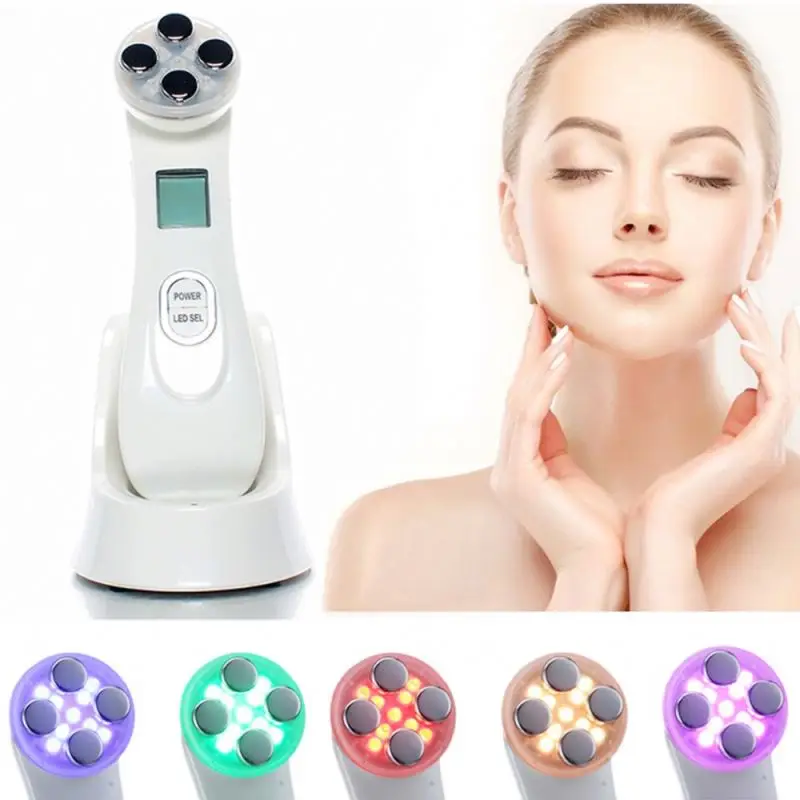 

5 in 1 Skin Tightening LED EMS RF Face Lift Facial Care Beauty Device for Wrinkle Acne Pigment Removal, Pink/white