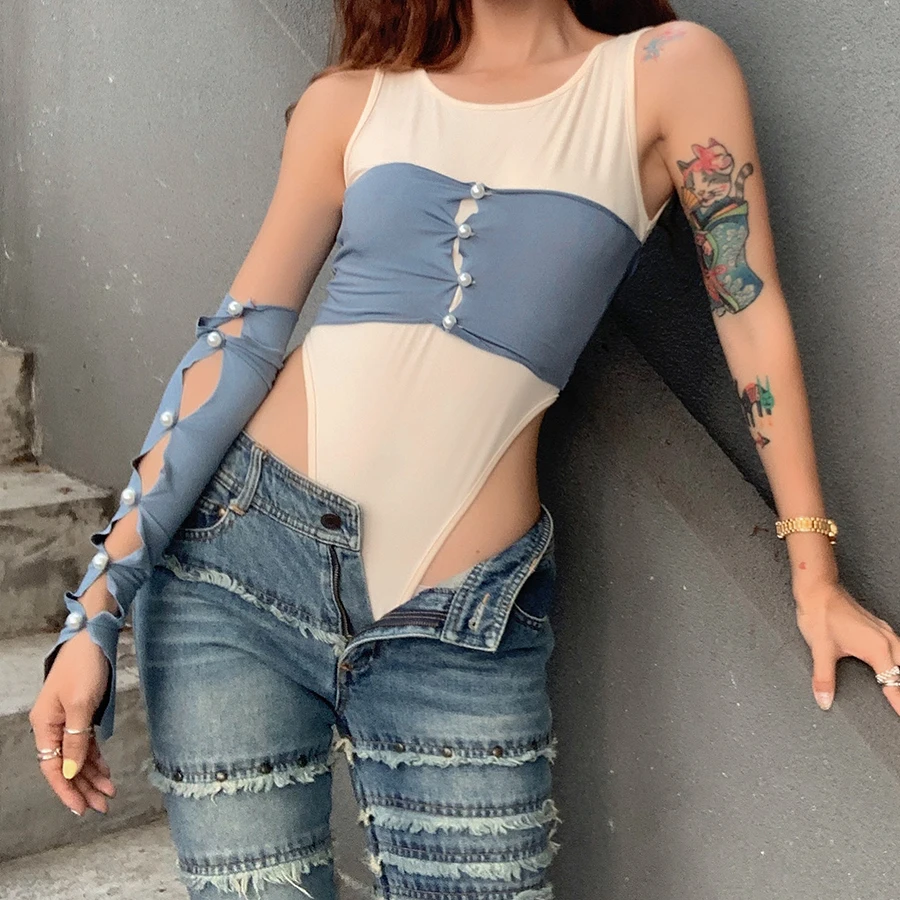 

Nibber K21S00817 Fashion Splicing Womens Bodysuit Elastic Bodycon Rompers Female Casual Street Wear Factory Wholesale Customized