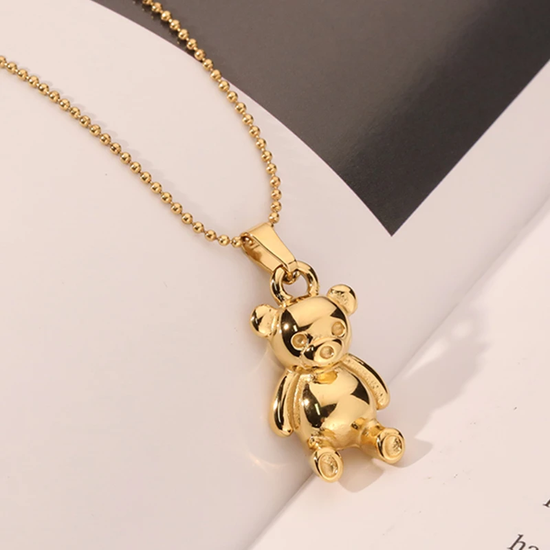 

18K Gold Plated Stainless Steel Casting Jewelry Bead Chain Cute Teddy Bear Pendant Necklace, As picture