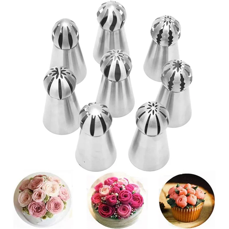 

8pcs/set Cake Icing Nozzles 304 Stainless Steel Russian Sphere Ball Piping Tips Set for Flower Cupcake Decoration Tools