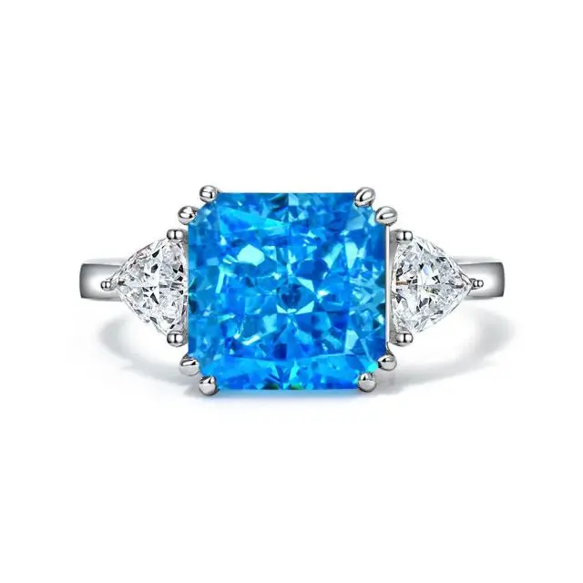 

925 Silver Blue Cubic Zirconia CZ Engagement Rings Blue Square Ring for Women