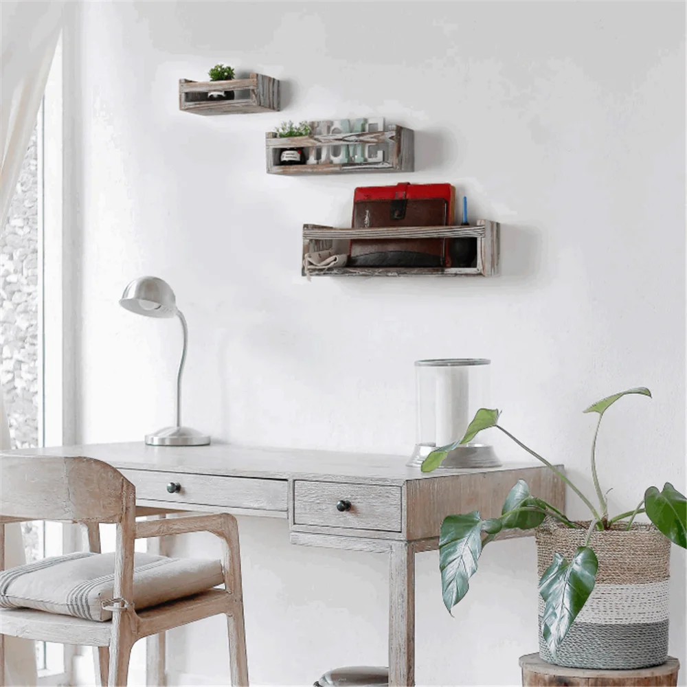 Set of 3 rustic multifunctional durable high quality wall mount solid wood floating corner shelves set