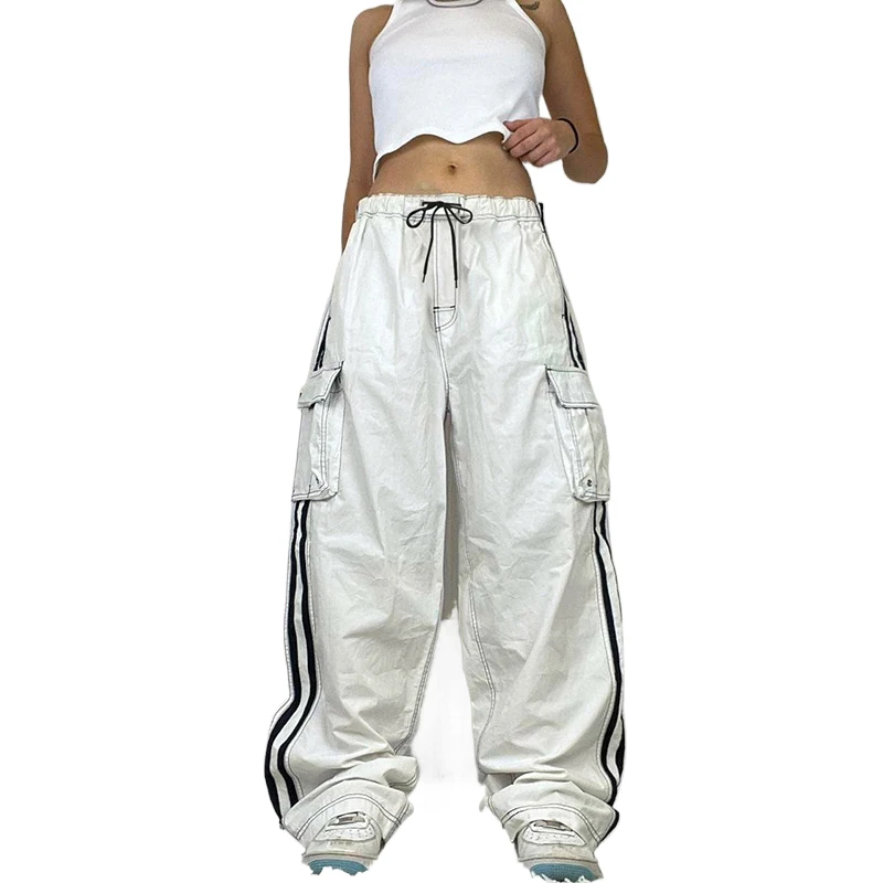 

Liu Ming Spring Women Casual Loose High Waist Elastic Straight Sweatpants Pockets Cargo Pants