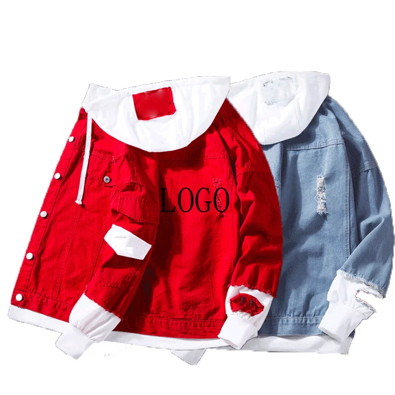 

Custom LOGO men's windbreaker 100%cotton hoodie hip-hop bomber jacket spring and autumn wash coat ripped jacket S-4XL, Blue