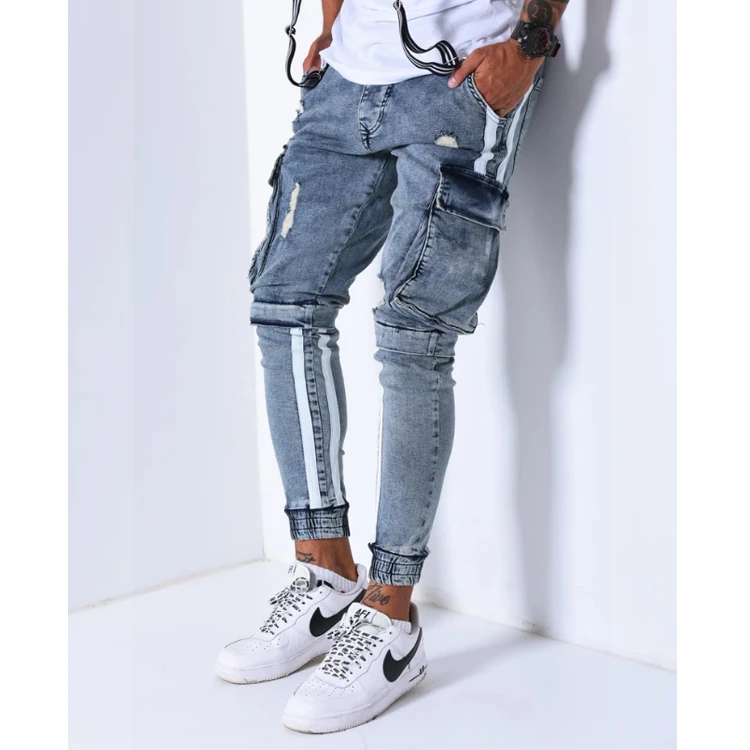 

Custom Striped Men Jeans Vintage Blue Denim joggers Men Cargo Pockets Tape Men's Jeans