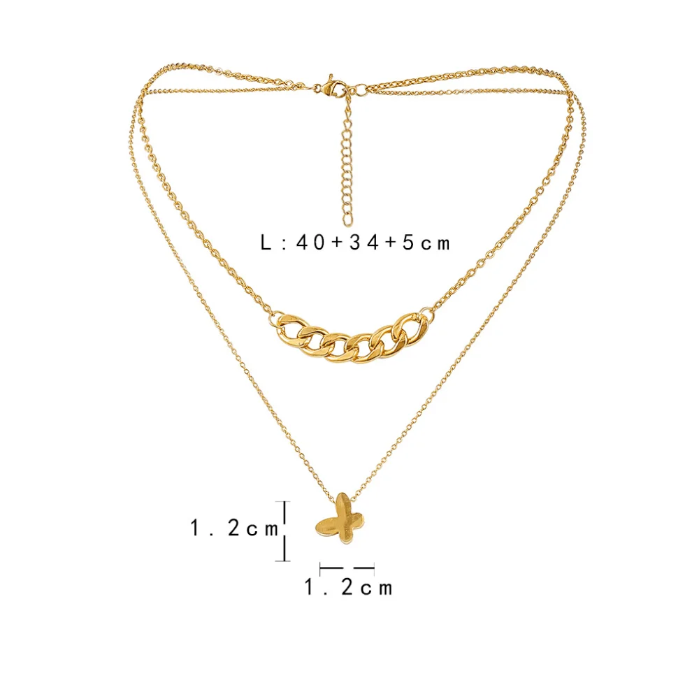 

fashion boho stainless steel 18k gold plated 2 layers butterfly pendant necklace women