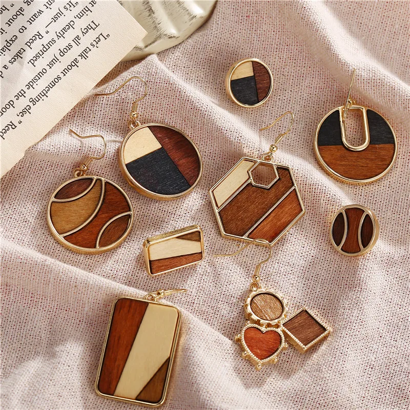

Geometric Round Wood Earring Women Fashion Heart Hollow Wooden Drop Dangle Earrings for women Jewelry, Gold plated