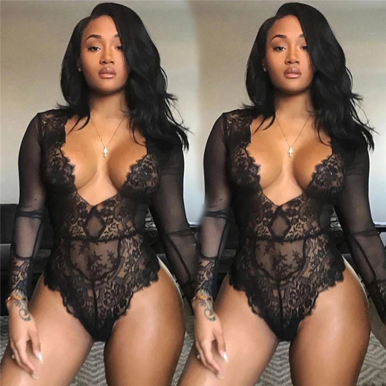 

New Style Wholesale Black Big Size Long Sleeve V-Neck Lace One Piece Lingerie Women Lingerie Plus Size
