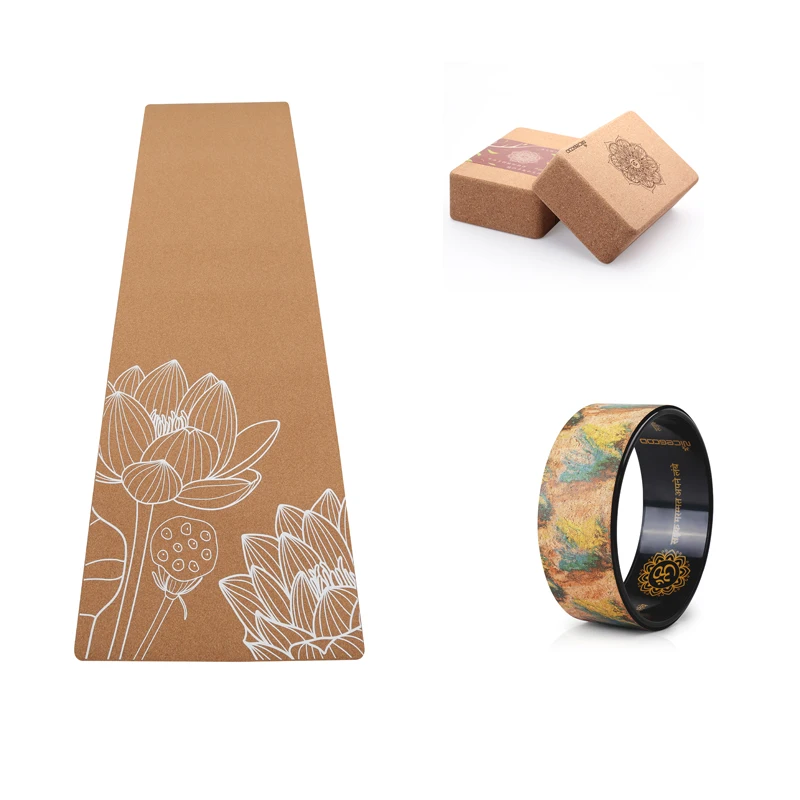 

Eco Friendly Natural Rubber white printing Cork yoga mat cork block yoga wheel set