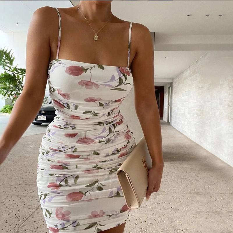

2021 Summer Floral Backless SHEIN Bodycon Dress Women Halter Neck Y2K Sexy Sleeveless Beach Vintage Mini Dresses Party #1089