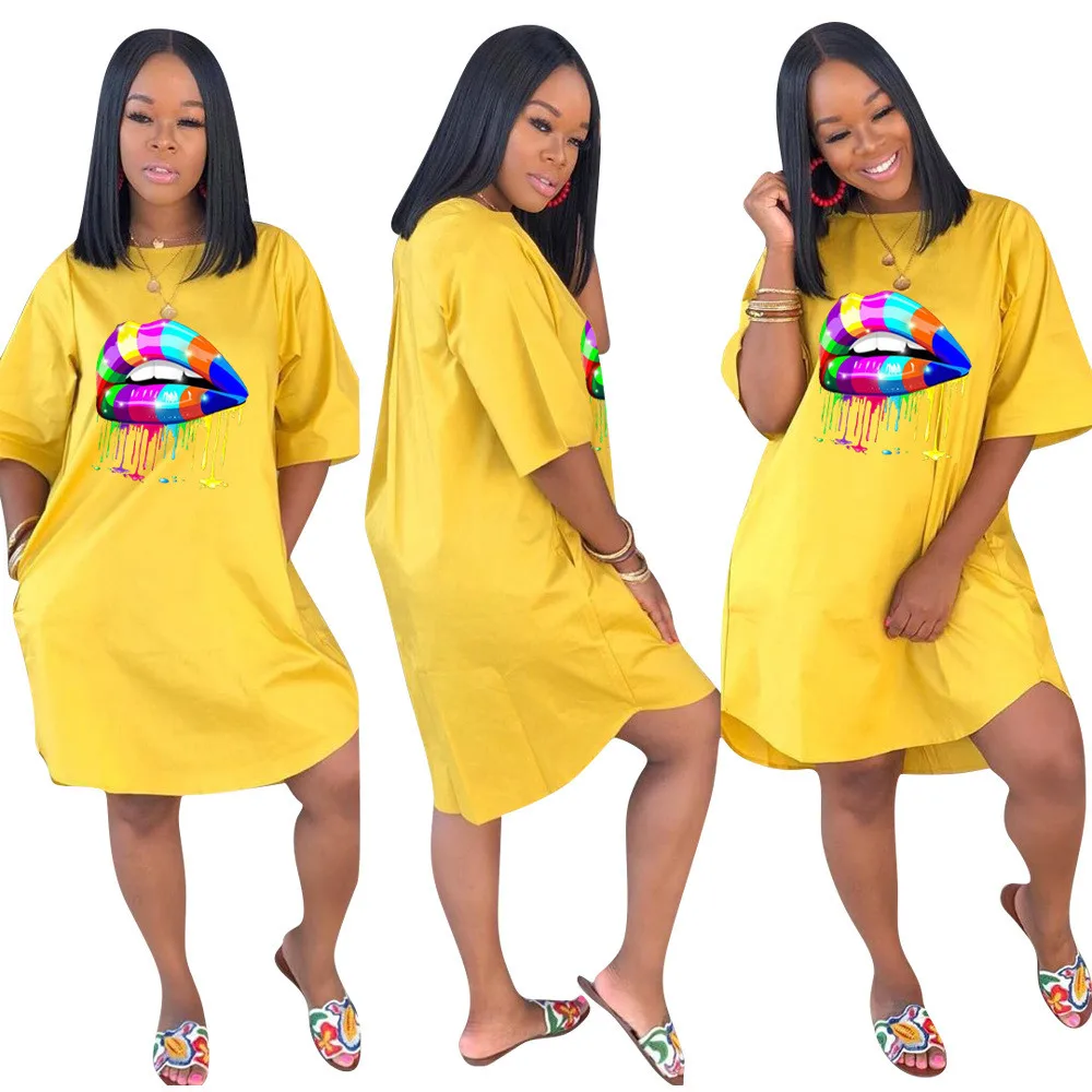 

2021 new arrivals casual plussize loose dresses solid color printed lip pattern t-shirt maxi dress ladies