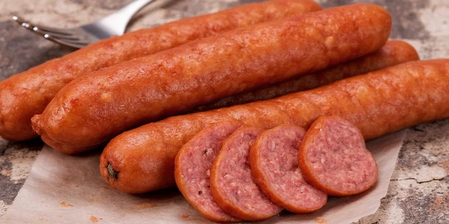 Freshly made andouille sausages hanging on a rack