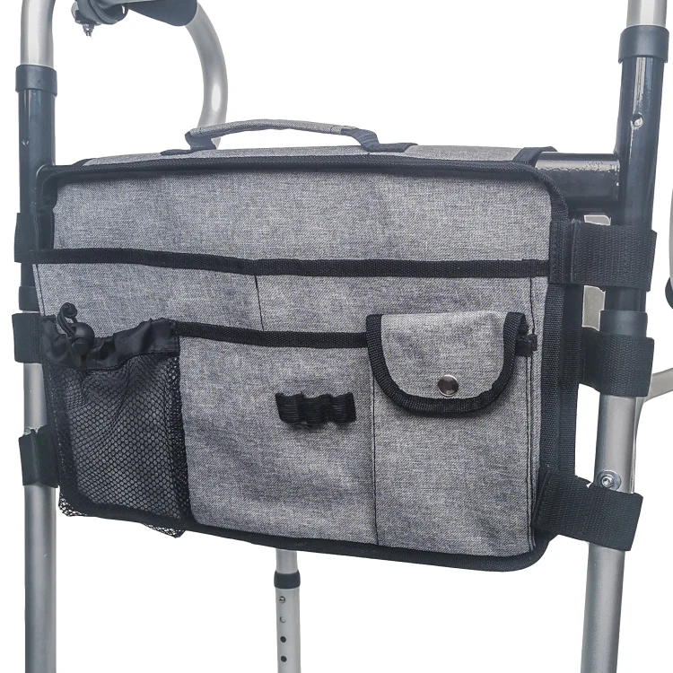 

Hands Free Folding Multi Pockets Hanging Double-Sided Walker Rollator Scooter Organizer Tote bag with Cup Holder