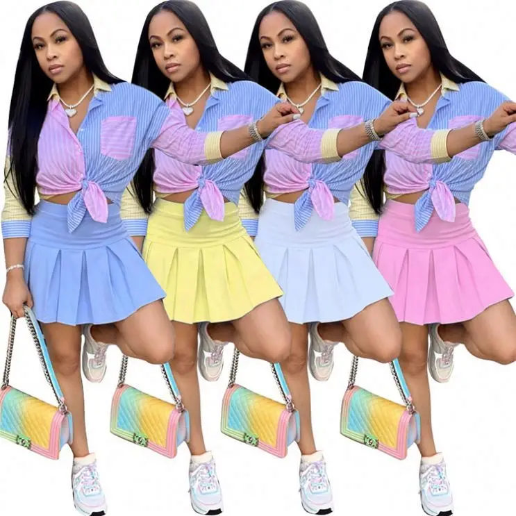 

FONDPINK Hot Selling womens clothing 2021 Summer Stripe Shirt And pleated skirt Set Casual Two Piece Skirt Set