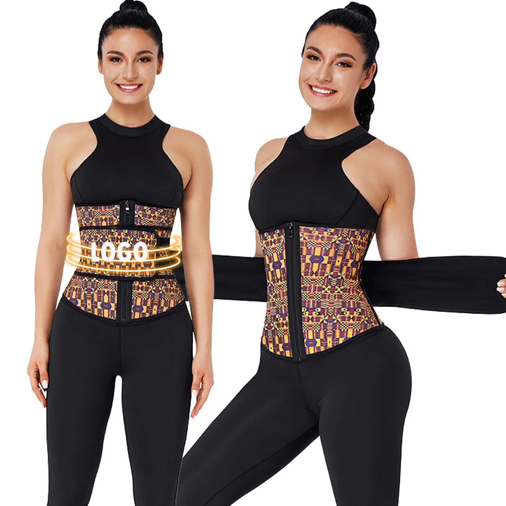 

Dropshipping Zipper Design Adjustable belts Womens African Printing Latex Waist Trainer waist trimmer