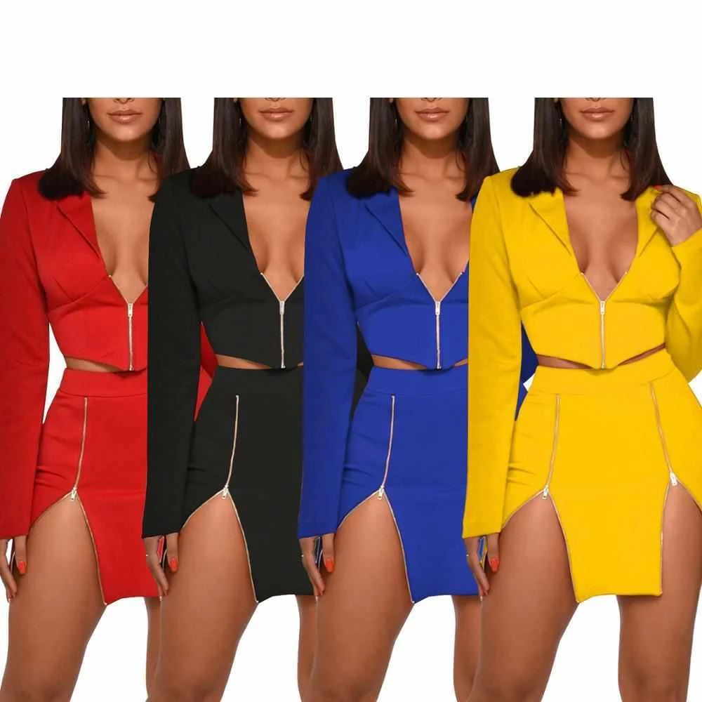

New Fashion Casual Solid Short Blazer Zipper Crop Top And Mini Skater Skirt Night Club Two Piece Set, Customized color