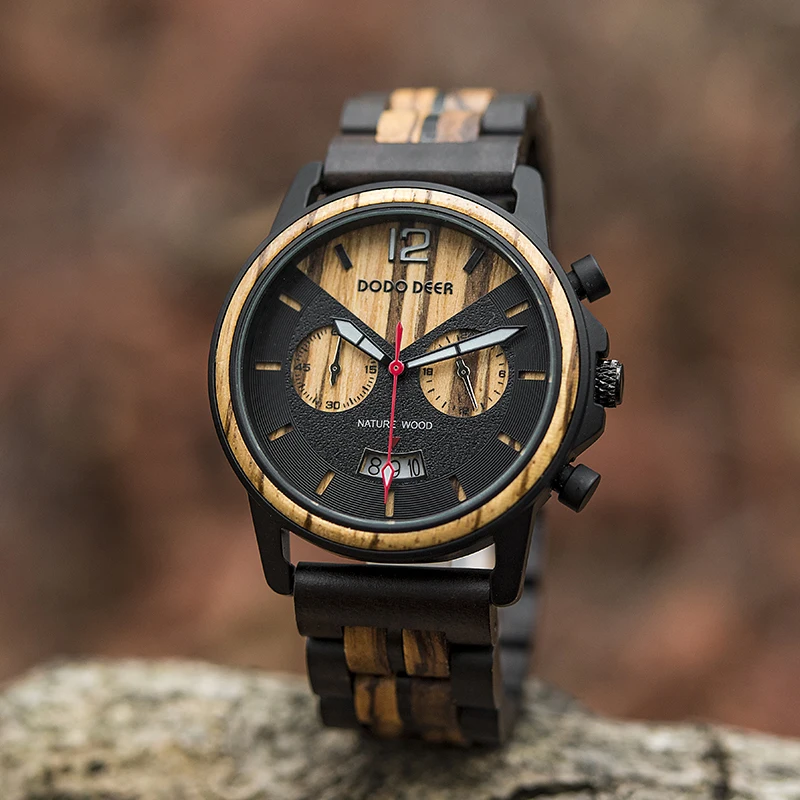 For DODO DEER Quartz Stainless Steel for Zebra Wood Relogio Masculino Antique Business Fashionable Watch with Glass Dial for