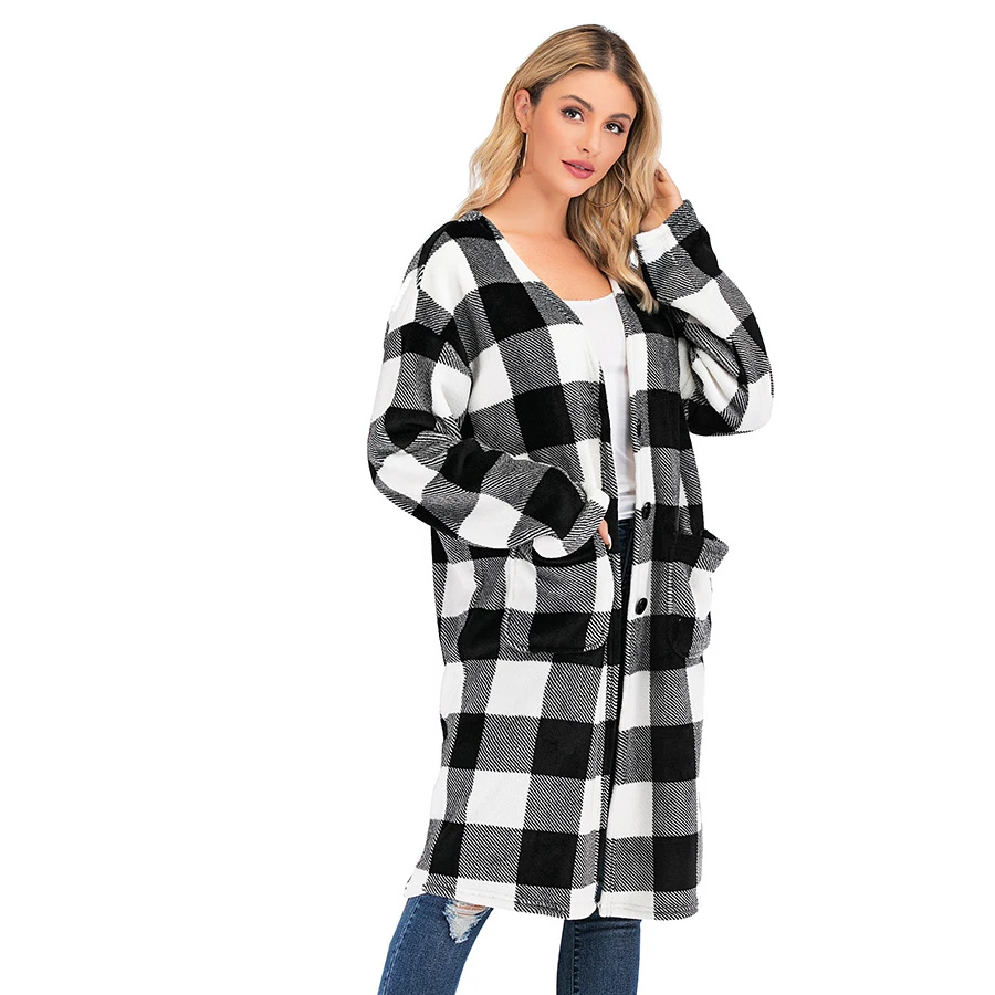 

Autumn winter new European and American sweater cardigan contrast color plaid women's long knit sweater cape coat, 2 colors