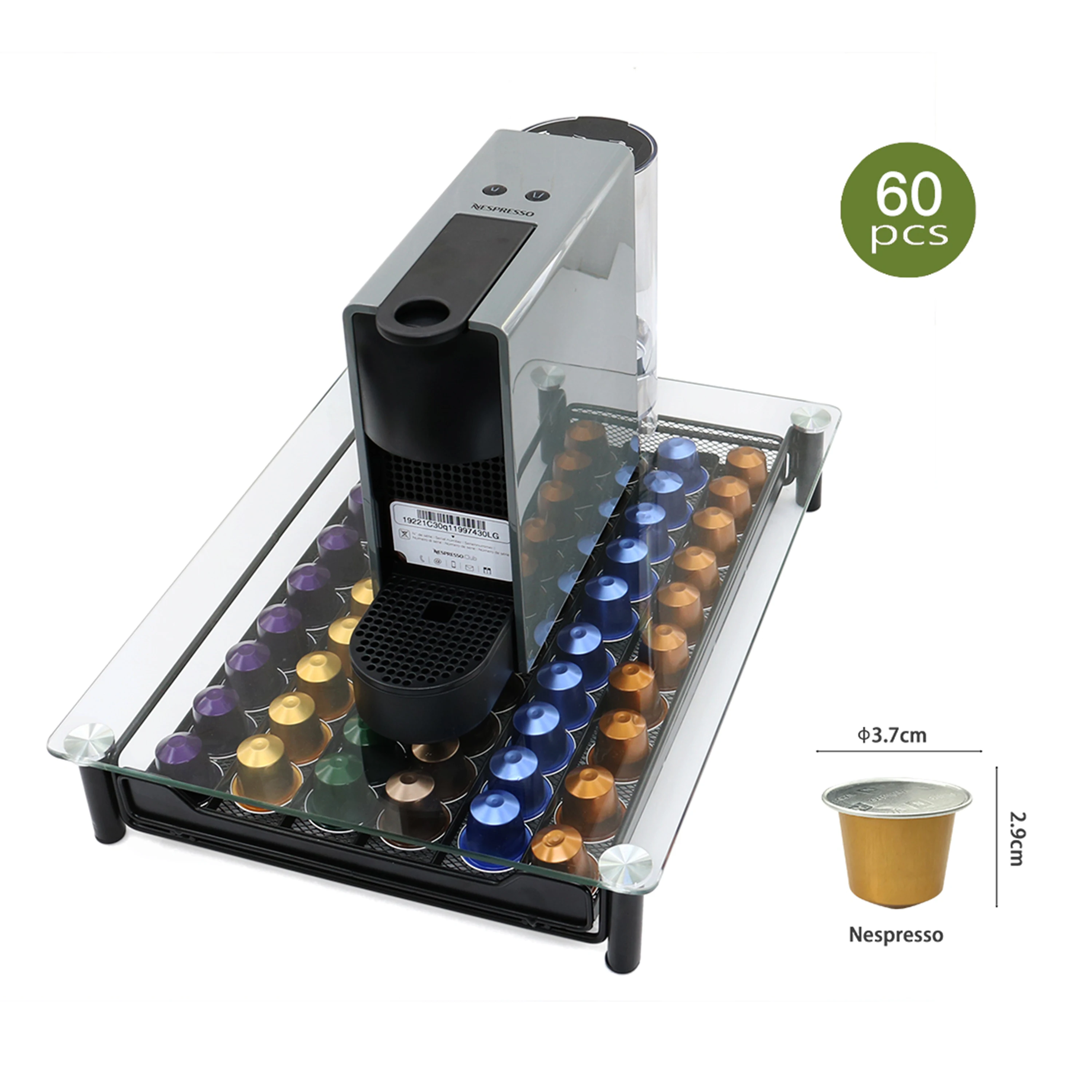 

Glass Metal 60pcs coffee pod drawer Nesprosso Capsule holder for Home Kitchen Storage, Black