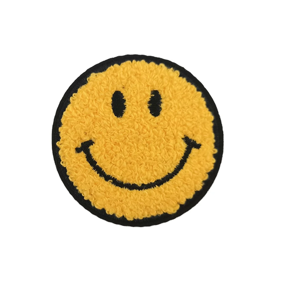 Yellow Smiley Face Chenille Embroidered Patches Iron on Custom Logo Adhesive Letters Chenille Patches