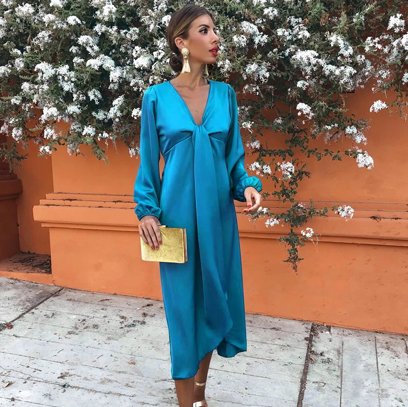 

M21DS541 Loose Solid Color Midi Dresses Women Good Quality Silk Long Sleeve Casual Clubwear Midi Dresses Women