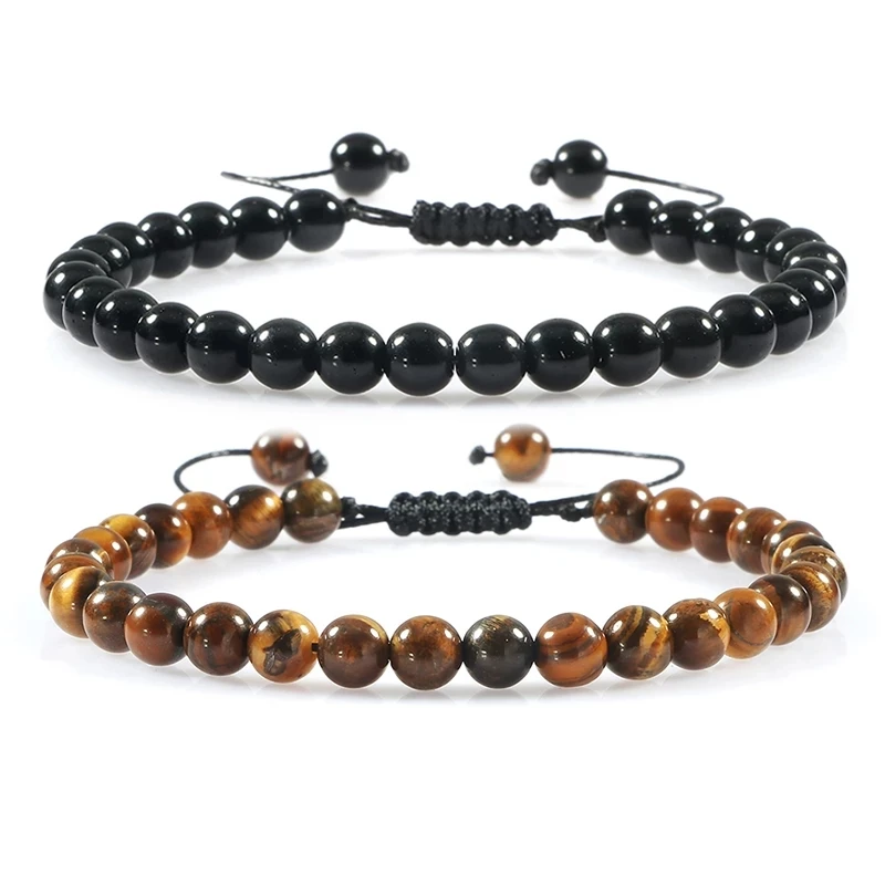 

8MM Tiger Eyes Natural Stone Beads Bracelets for Men Women Braided Rope Bangles, Mix