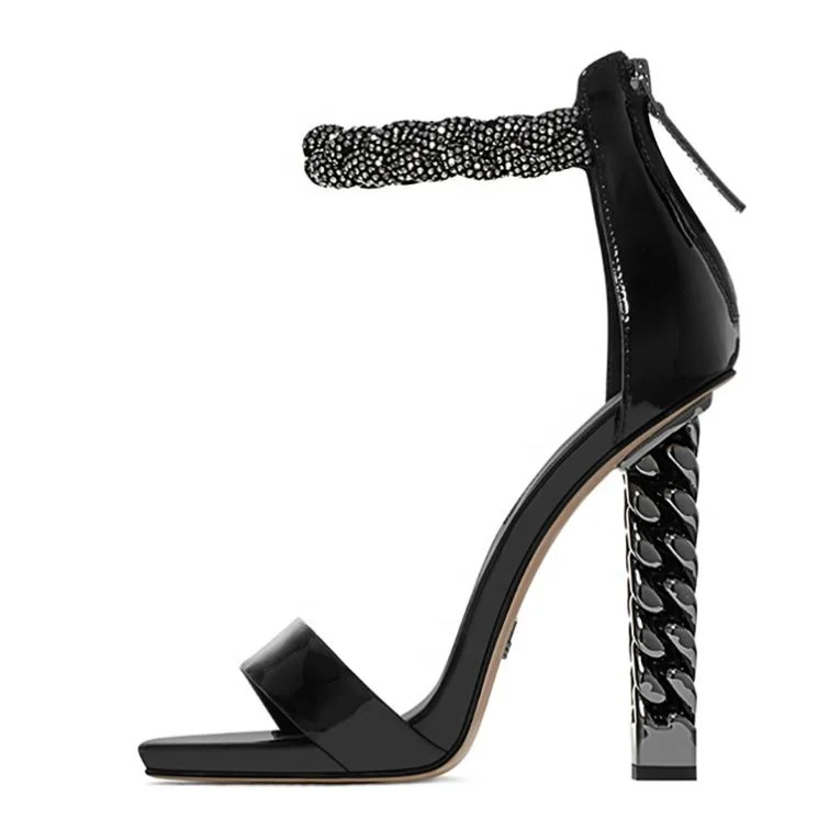 

Oem Chunky Heel Platform Dress Shoes Women Crystal Ankle Strap Patent Pu Leather Sandal Block Heels Platform Sandals, Black,blue