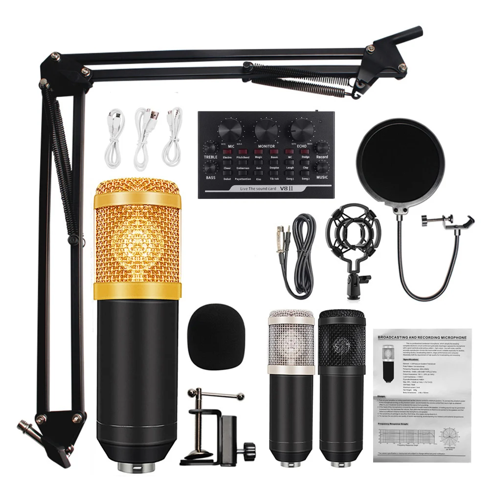 2021 boom kit de estudio microfono bm800 recording mic studio condenser microphone with v8 II sound card