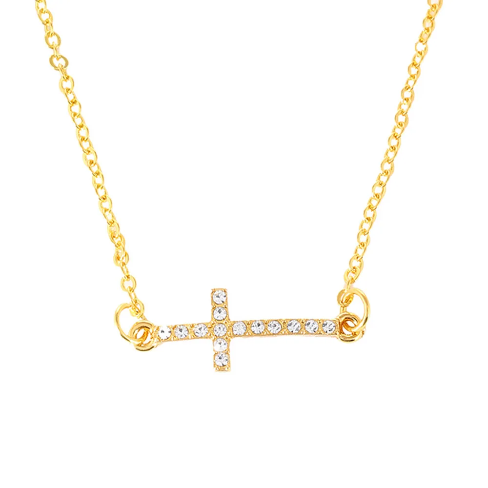 

Religious Christian Cubic Zirconia Dainty Gold Plated Diamond Sideways Cross Pendant Necklace Jewelry