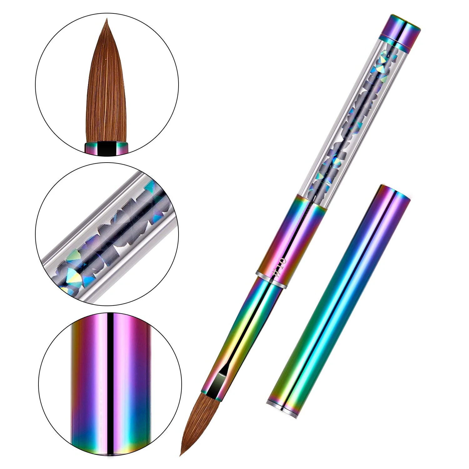 

100% Kolinsky Nail Brush Rainbow Crystal handle Sable Acrylic Nail Pen for Nail Art Manicure Powder Pedicure