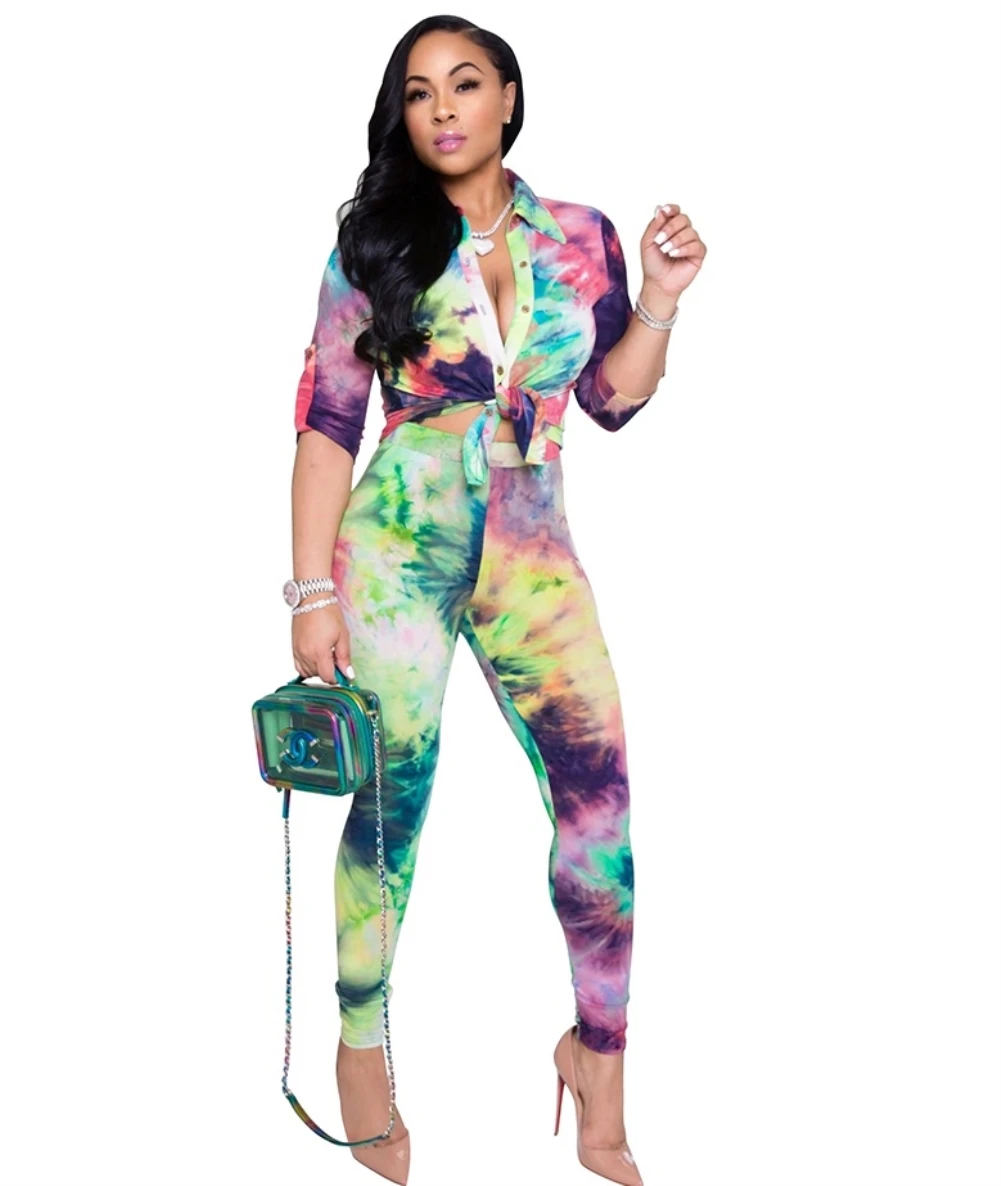 

OEM Custom Womens deep v button Autumn 2pc turndown collar Matching Tie Dye Blouse and Legging Set