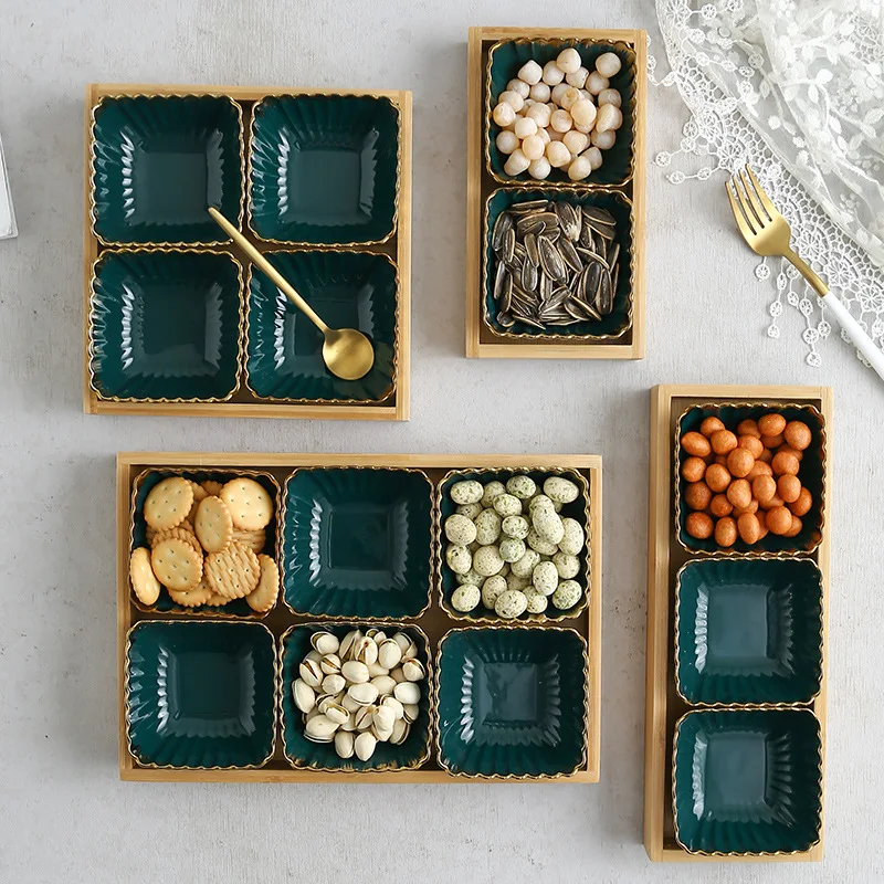 

Nordic Dark Green Ceramic Snack Plate Bamboo Wood Fruit Plate Snacks Dried Fruit Plate Candy Nut Storage, Customized color