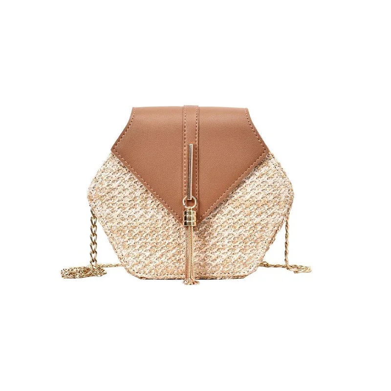 

OEM new fashion straw PU leather handmade Hasp Chain tassel shounder summer beach women handbags ladies purse, Customizable