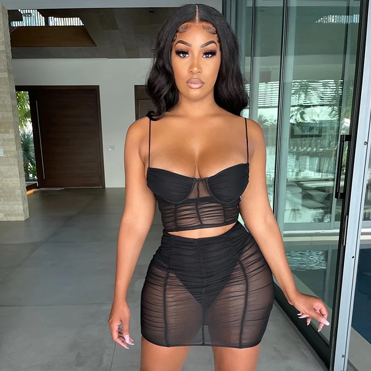 

Sexy Ladies Clothing See Through Mesh Two Piece Sets Women Summer Clothes Top And Skirt Night Club Solid Transparent Skirts Set, Black,white,rose red,yellow