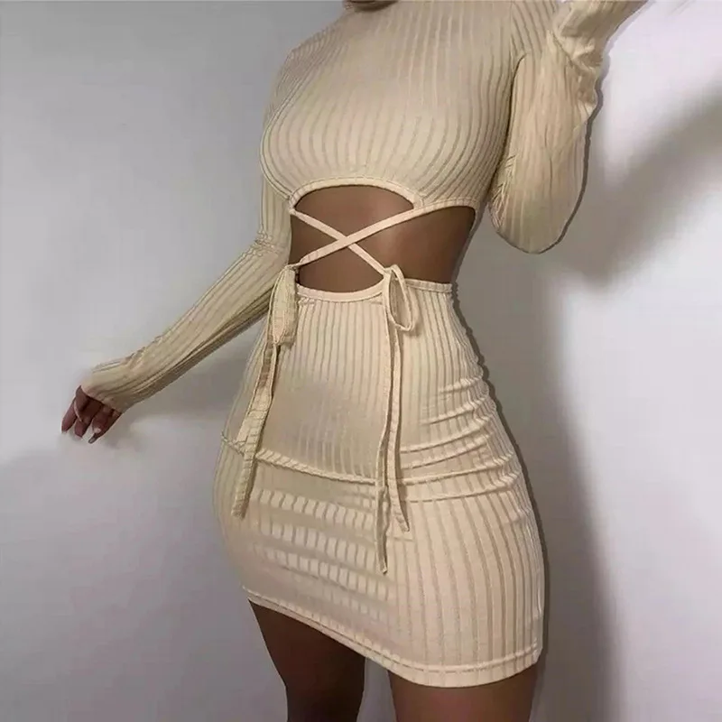 

Fashion Outfits Women Bandage Sling Dress Full Sleeve Hollow Out Ribbed Bodycon Elastic High Casual Turtleneck Dress, Shown