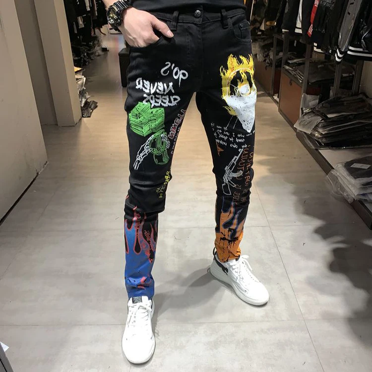 

Colorful Skull Print Mens Skinny Jeans Denim Men Trousers Jeans, Black