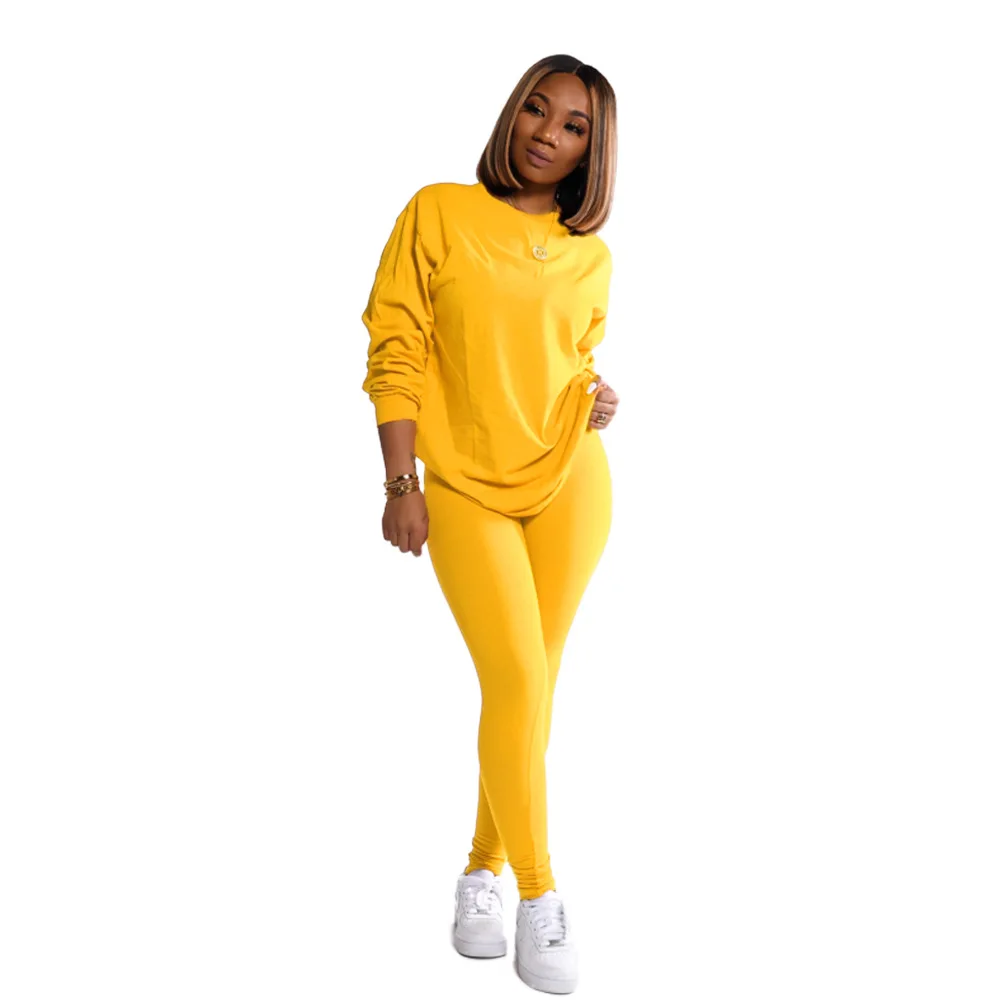 

fashion casual pants and long sleeve top women clothin Customize sets plain color two piece set clothing tracksuit