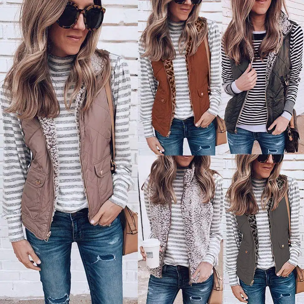 

Women Winter Fluffy Reversible Windproof Vest Coat 2019 Lady Sleeveless Outwear Thicken Warm Pocket Waistcoat Zipper Up Jacket, Khaki,black,brick red, grey