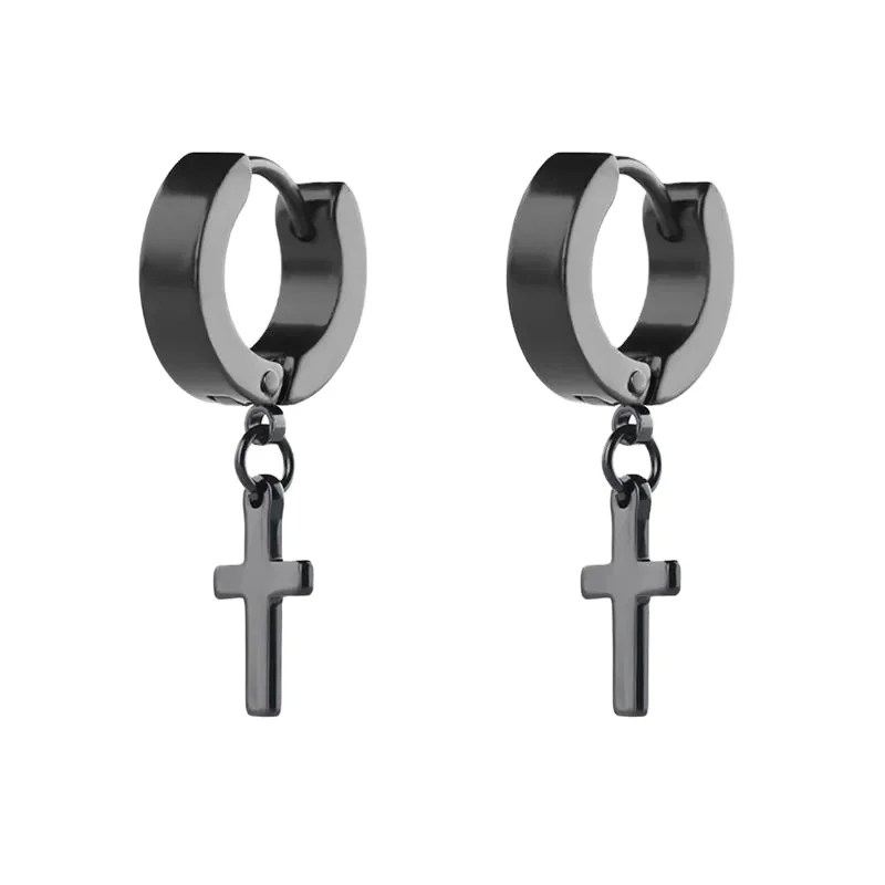 Fashion Stainless Steel Silver Black Gold Cross Ear Clip Hoops Ear Studs Men Women Stud Earrings