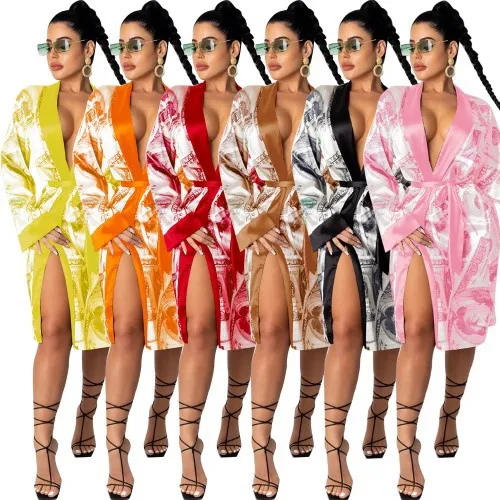 

Wholesale Sleepwear Money Robe Night Gown Home Clothes Bathrobe Pajamas Lounge Wear Kimono Money Printed Satin Robes for Women, Multi colors