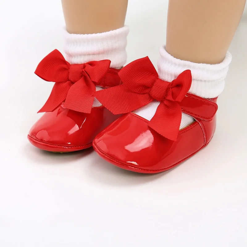 

Baby Girl PU Leather Buckle First Walkers With Bow Red Black Pink White Soft Soled Non-slip Baby Girl Bowknot Shoes