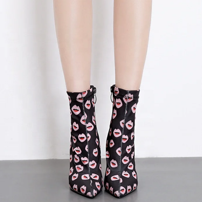 

Big Size 44 Cartoon Print Pointed Toe Women Short Booties Slip-on Thin High Heel Ladies Pumps Shoes Soft Ankle Boots, Black,blue