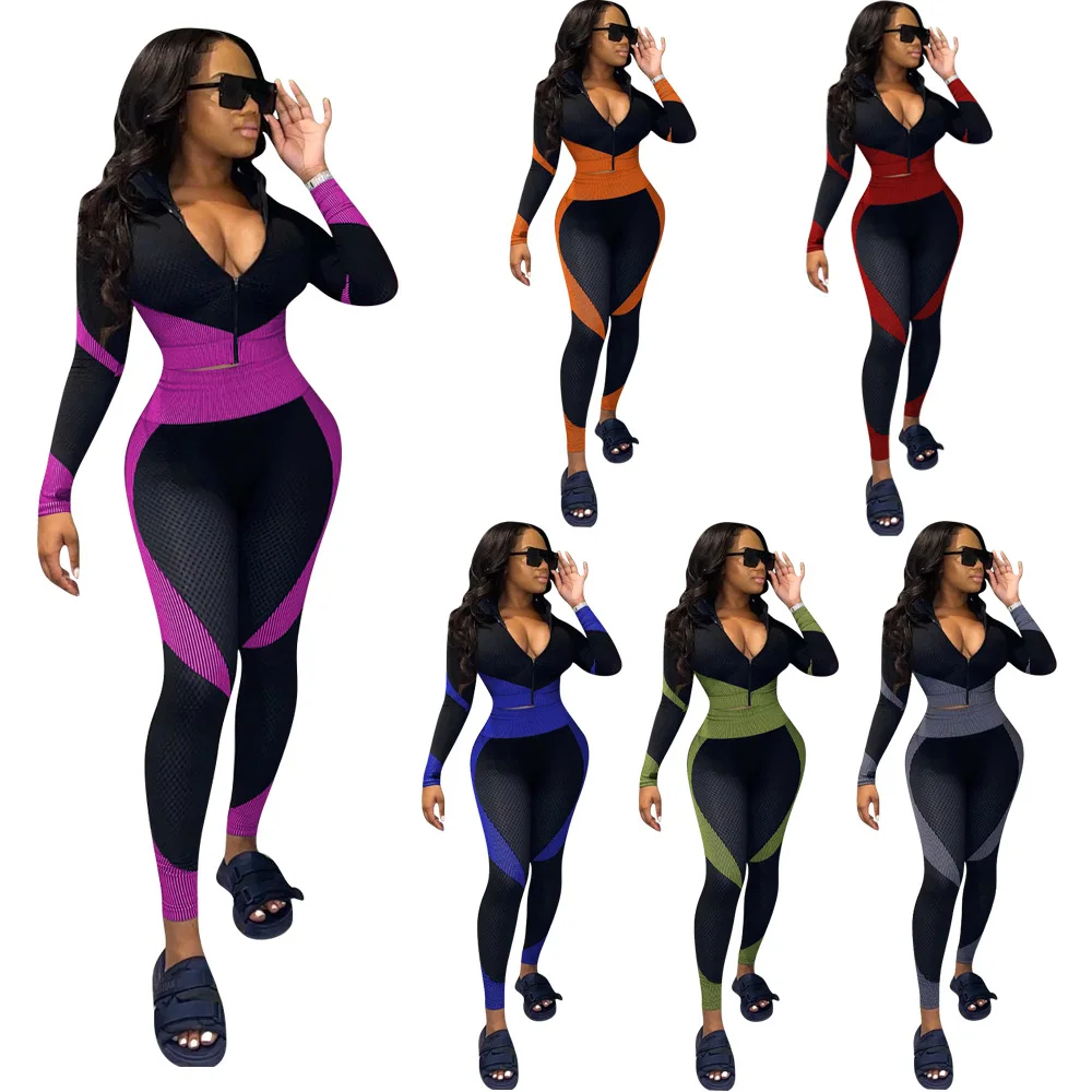 

D8220 New arrivals patchwork zipper 2 piece set women casual bodycon sexy outfits for women spring fashionable plus size 2 piece