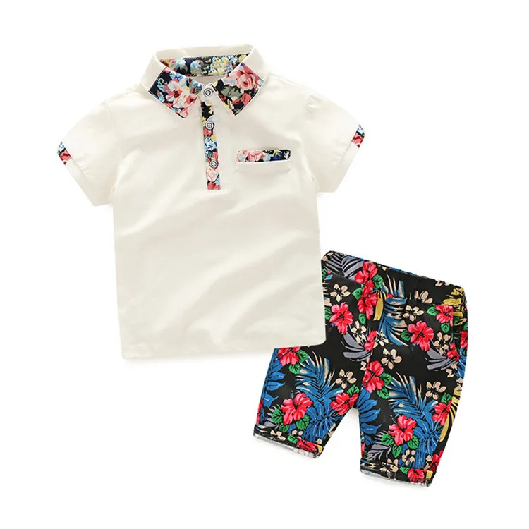 

2 Piece Cotton Boy's Clothing Sets Summer Short Sleeve Tshirt+Floral Shorts Kids Casual Set Baby Clothes Suit Formal Outfit, White