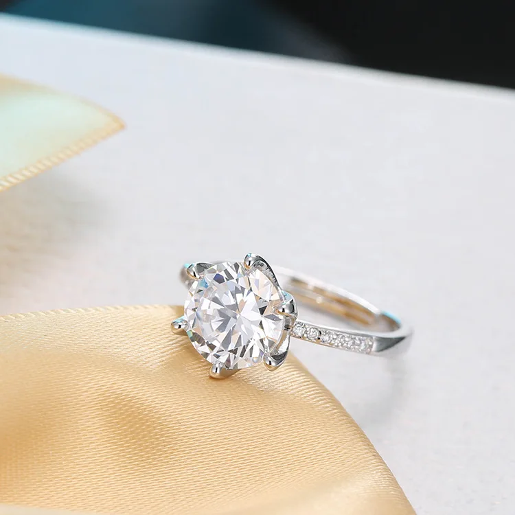 S925 Sterling Silver Opening Ring Classic Six Claw Inlaid Diamond Korean Style Simple Personality Jewelry