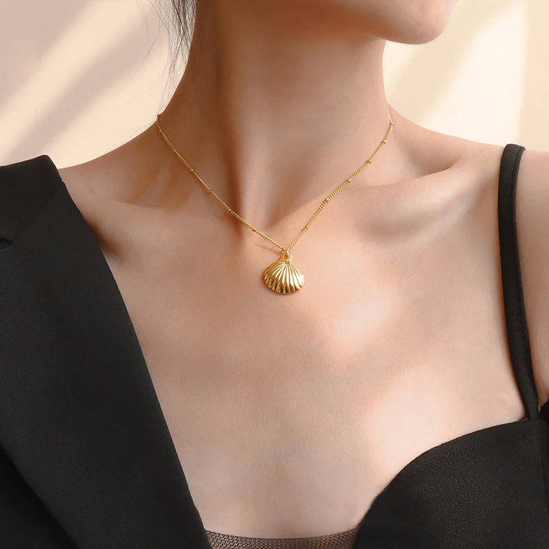 

18K Gold Plated Shell Necklace Beads Chain Pendants for Necklace Plain Bobo Minimalist Stainless Steel Jewelry Accessories Women, Gold/rose gold