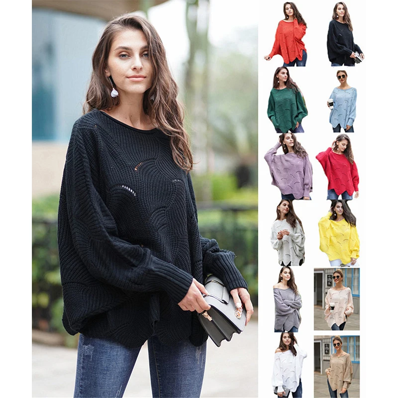 

2021 wholesale Women Fashionable Oversized Jacquard Solid Pullover Batwing Sleeve Irregular Hem Big Neckline Jumper Knit Sweater, Various