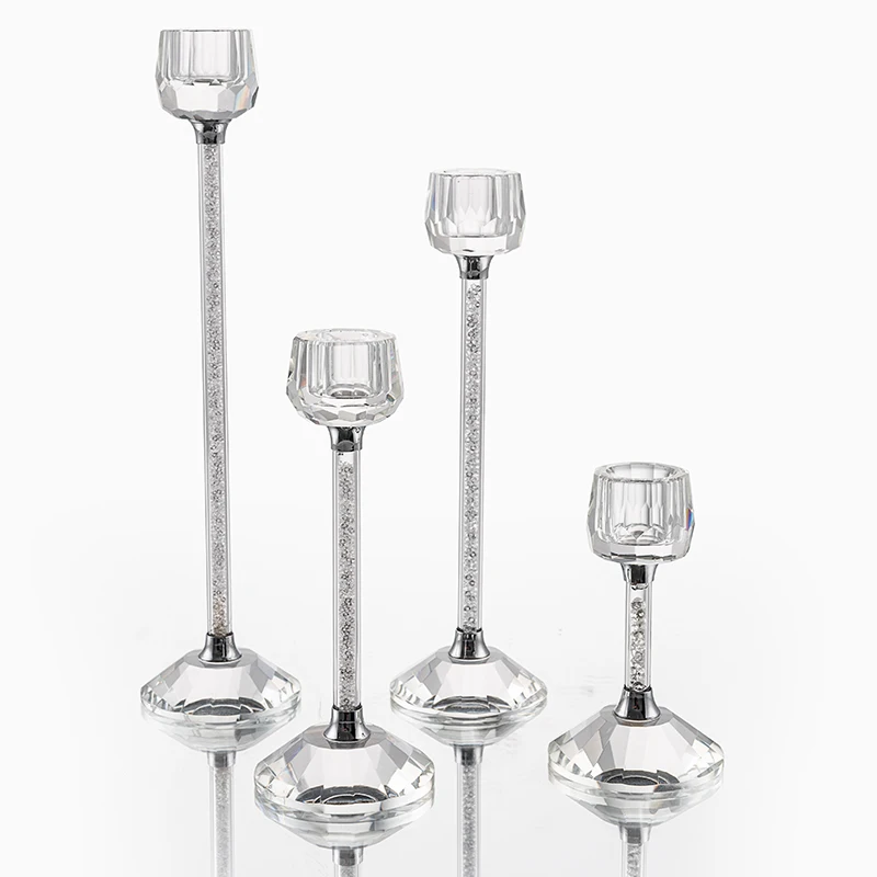 Tall And Thin Frosted Crystal Candle Holder With Shine Diamond Beads For Wedding Home