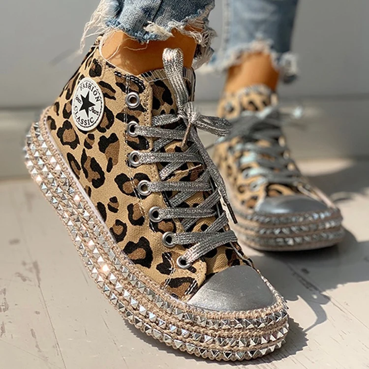 

Woman Spring Leopard print Canvas Fashion Sneakers Rhinestone sequin flat Wild women's shoes Youth casual shoes Plus Size, As picture